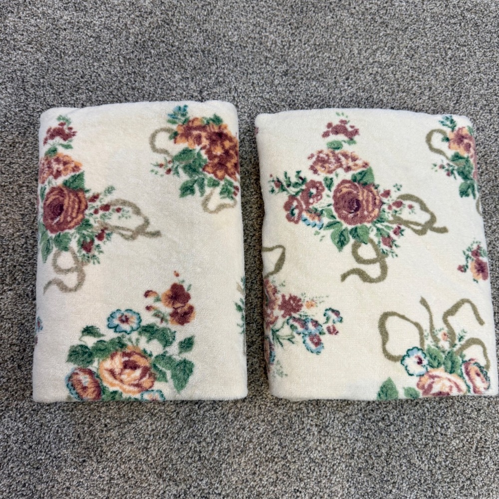 Vintage Elizabeth Gray JCPenney Floral Bath Towel Set 2 Rose Ribbon Cotton USA